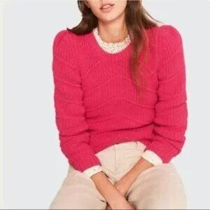 ba&sh Dabney Cotton Blend Knitted Sweater Fuchsia Pink Puff Sleeve XS Like New